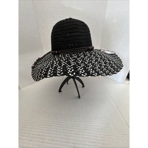 Fashion Hat Wide Brim Woven Sun Hat Beaded String Band NWT Black - Picture 11 of 15